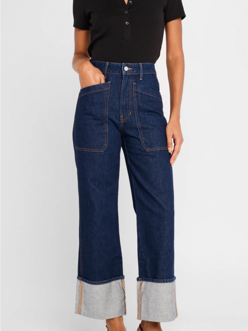 Veronica Beard Dark Blue Wide-Leg Cuffed Jeans
